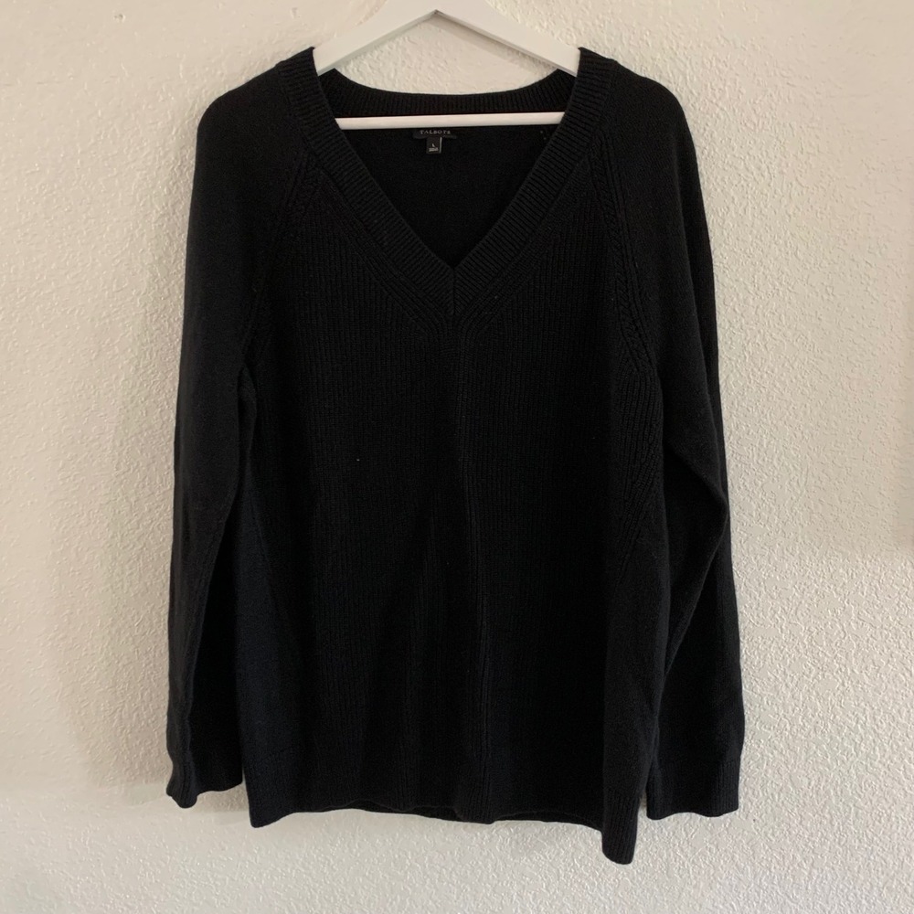 Talbots Black V-Neck Ribbed Pullover Sweater Wool Cashmere Blend Large